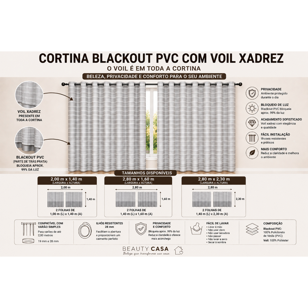 Cortina Blackout Prata com Voil Xadrez para Sala — foto 2