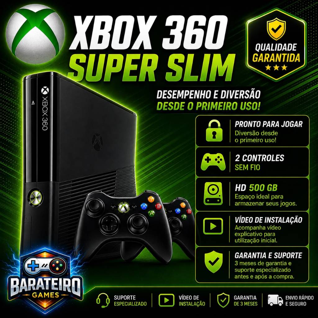 Xbox 360 Super Slim + 2 Controles | Pronto para Jogar + HD 500GB 100% ATUALIZADO