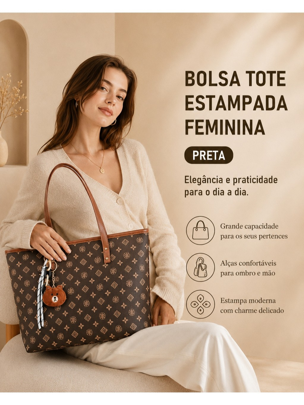 TOMI MITO Bolsa Feminina Casual de Ombro com Estampa Geométrica e Pingente Charmoso para Trabalho e Passeios TM9187