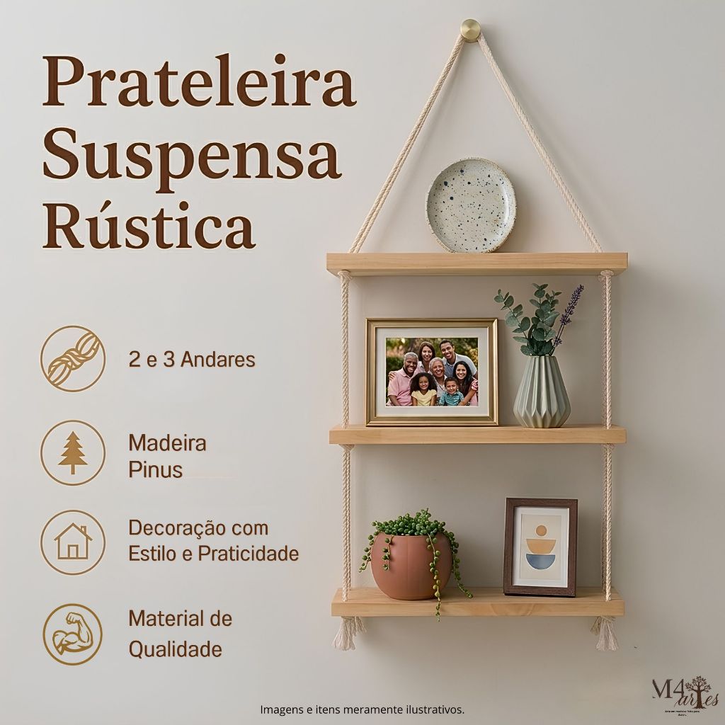 Prateleira de Madeira Suspensa com cordão Nicho Decorativo jardim vertical, Com cordinhas rústicas 2 e 3 andares