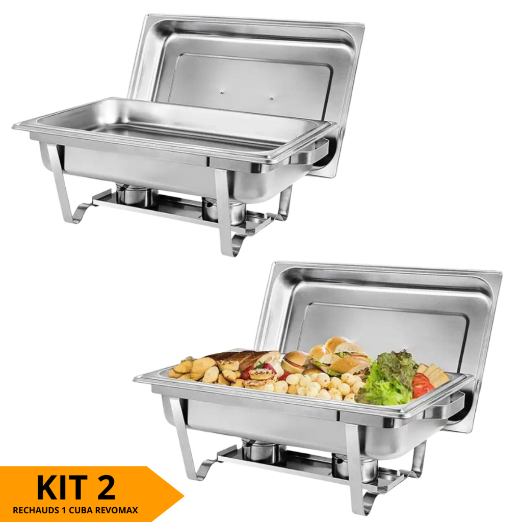 Kit 2 Rechaud Inox Retangular 9L 1 Cuba GN Banho Maria Profissional Buffet Eventos Álcool Gel Revomax