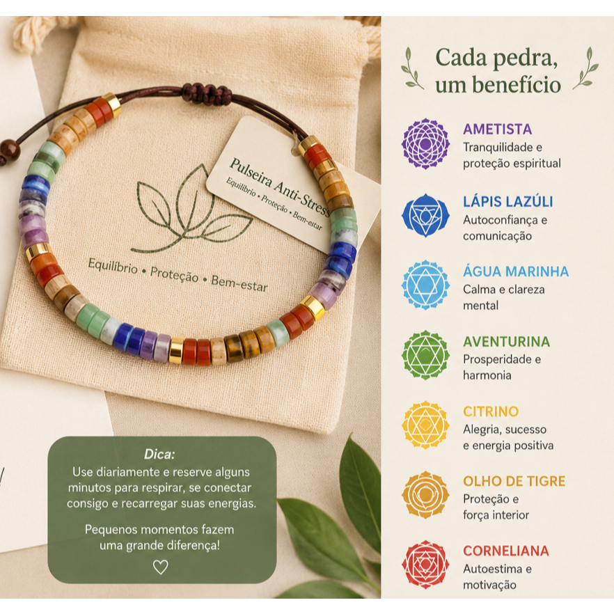 Pulseira Anti Stress 7 Pedras Naturais preciosas joia Estresse Ansiedade chacras bem estar