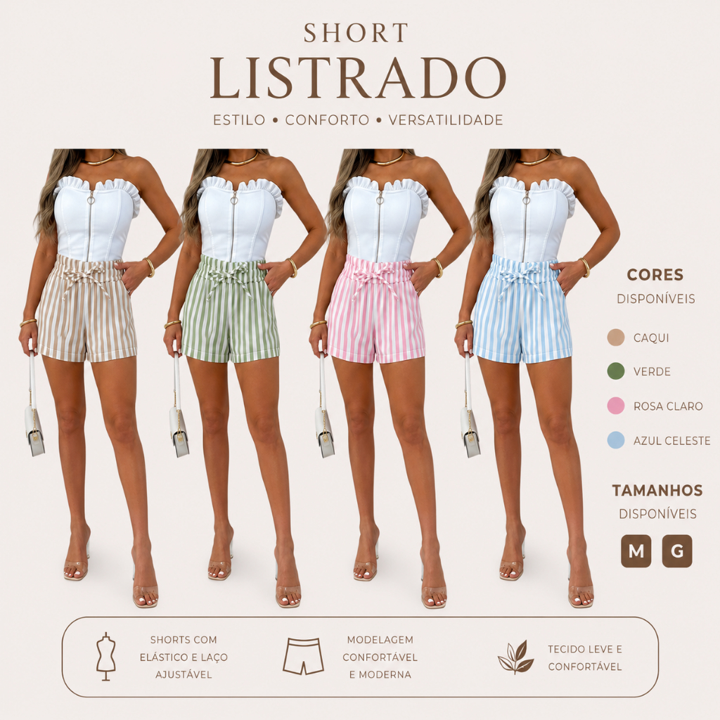 Short Feminino Listrado Cintura Alta Com Amarração Linho Casual Moda Verão Confortável Soltinho Elegante Passeio Dia Dia