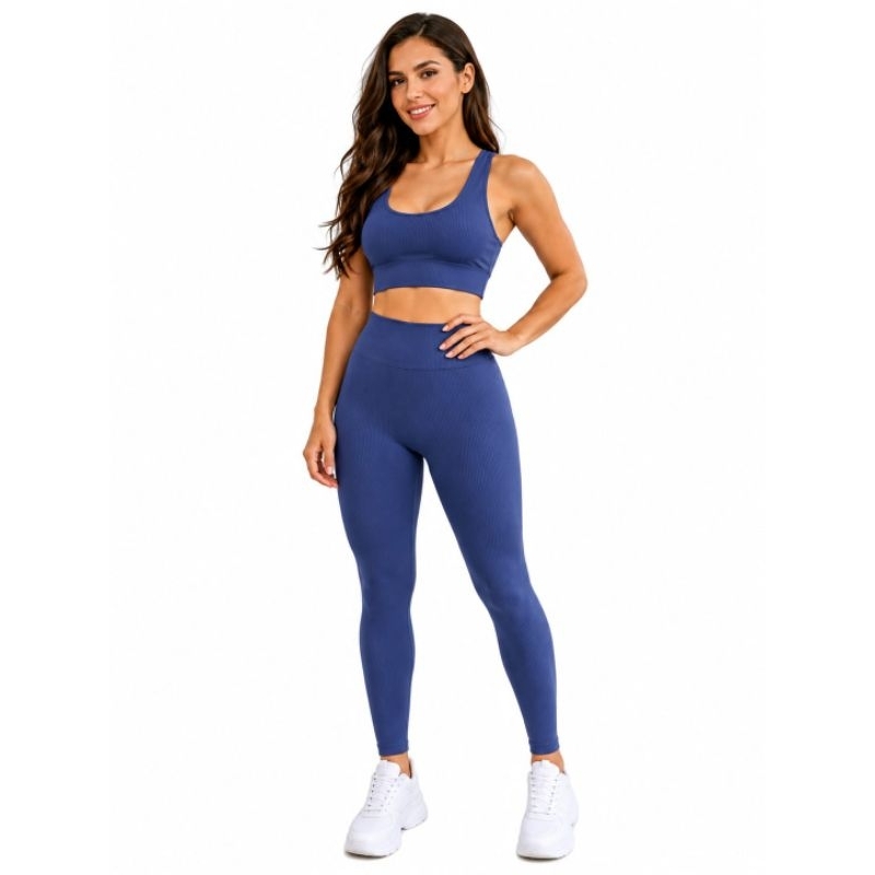 Conjunto Fitness Feminino Calça Canelada Sem Costura Cintura Alta To Nadador Bojo Removível Academia Não Transparente.