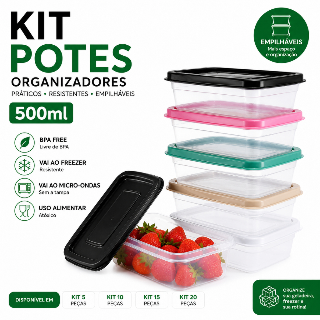 Potes Plastico 500ml BPA Free com Tampa Marmita Fitness Organizador para Geladeira e Freezer Kit 5/10/15/20