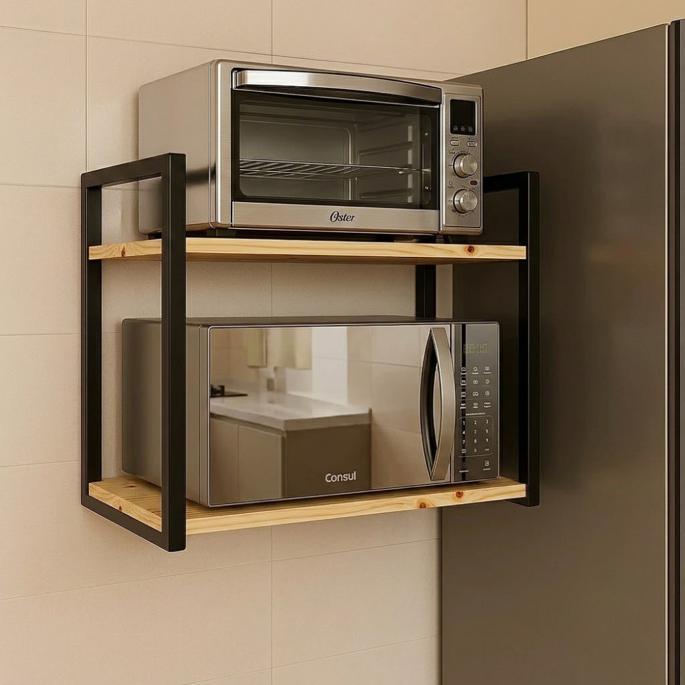 Prateleira Suspensa 60cm Industrial Suporte Microondas Forno Air Frier Impressora Aço Madeira Pinus