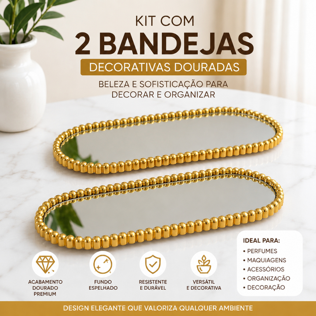 kit 2 Bandejas Espelhadas Decorativas Douradas Para Perfumes, Maquiagem e organização.