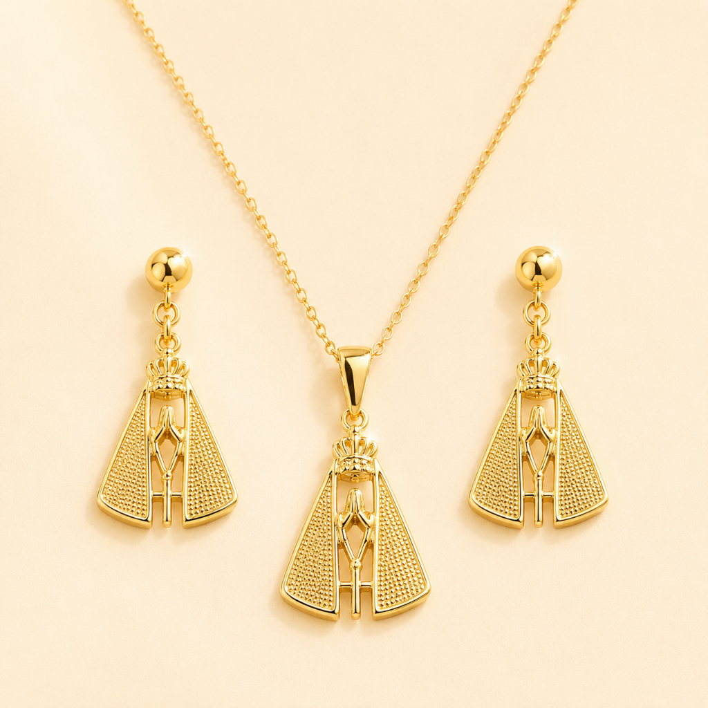 Conjunto Colar e Brincos Nossa Senhora Feminino Delicado Folheado Ouro 18K Presente Religioso