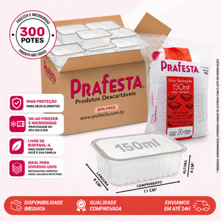 300 Potes 150ml Retangulares Descartáveis Com Tampa Para Freezer e Microondas Prafesta