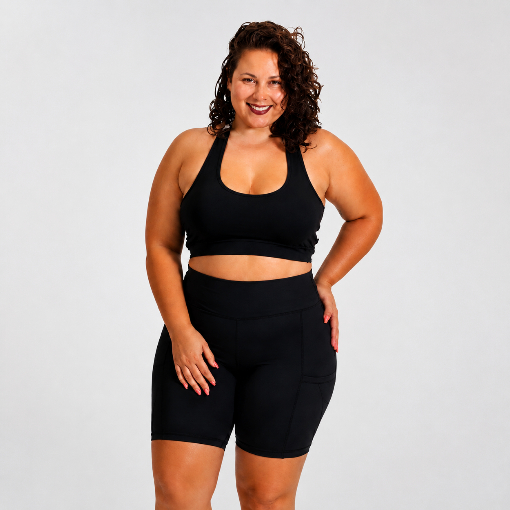 Conjunto Feminino Bermuda com Bolso e Top Alça Reta com Bojo Removível Plus Size Roupa Academia Fitness Curve