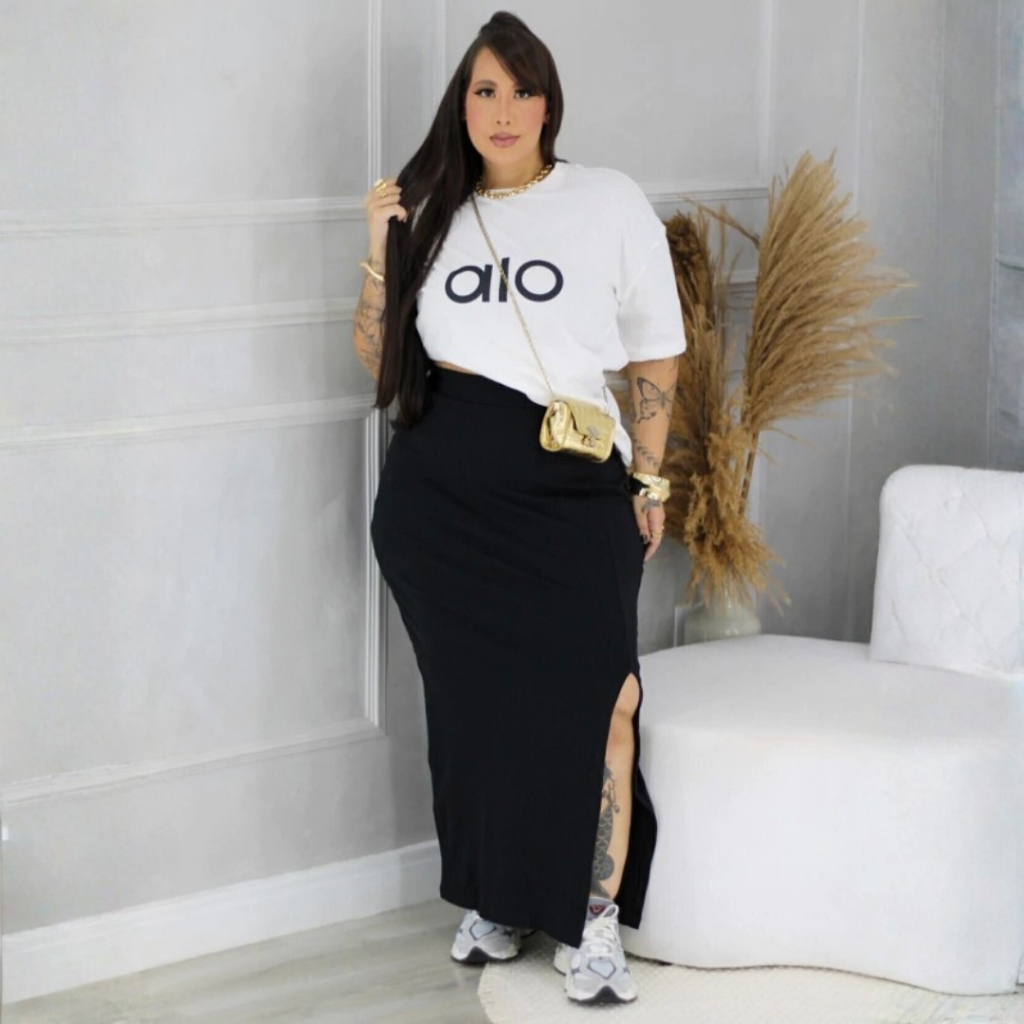 Saia Midi Longuete Plus Size Cintura Alta Fenda Na Lateral Zero Transparência Com Muito Elastano Modela o Corpo M ao G4