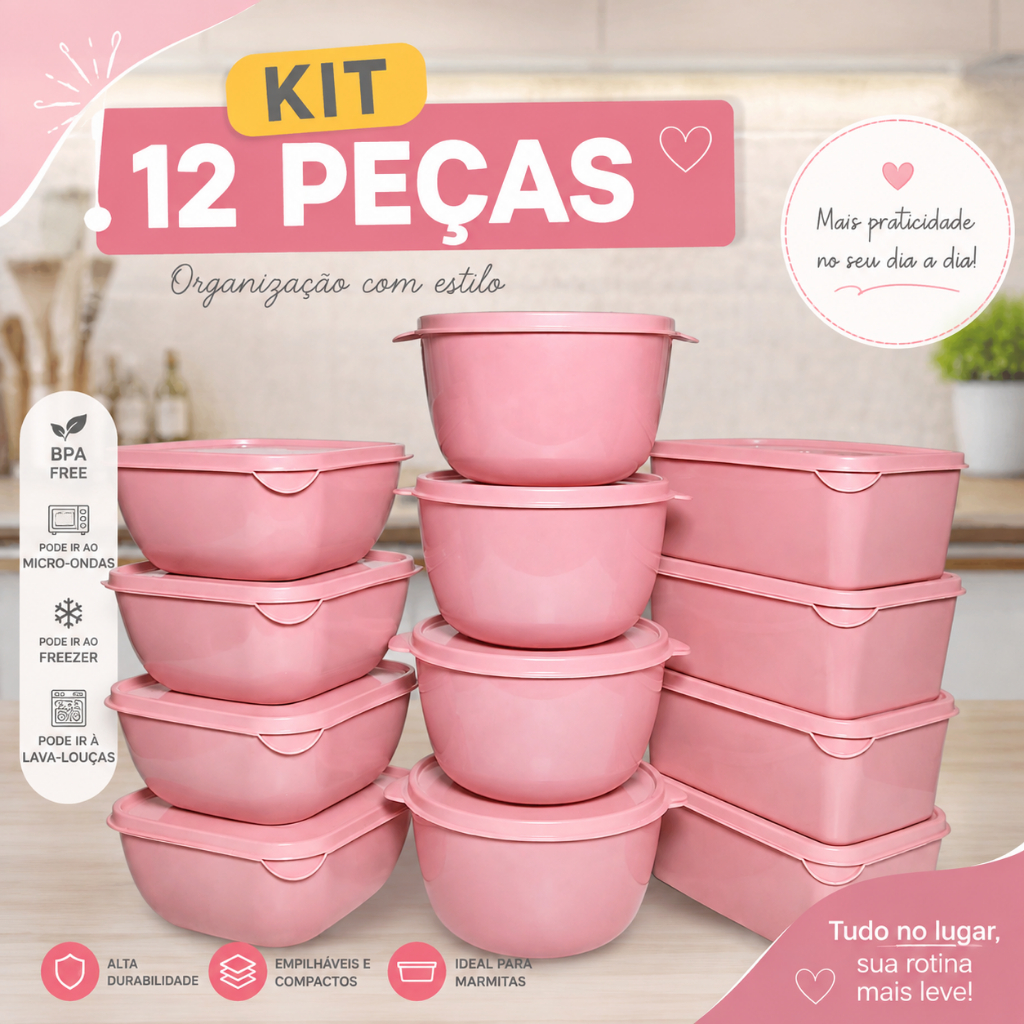 Kit 12 Potes Tamanhos Variados Marmita Armazenamento de Alimentos