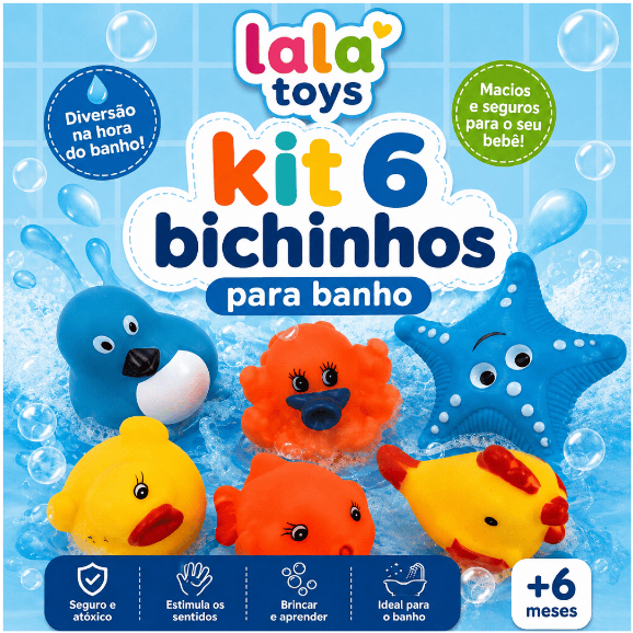 Kit 6 Bichinhos Para Banheira Banho Brinquedos Interativos Flutua Na Água Patinho Peixinho