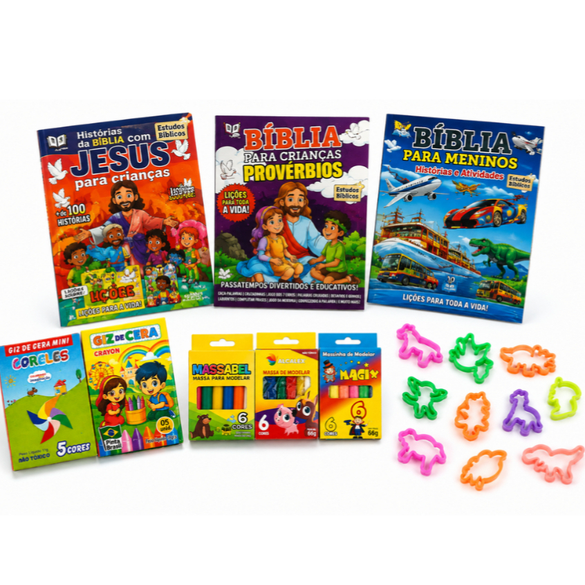 Kit Bíblico Magiquisto Massinha + Colorir + Giz + Forminha Lembrancinha Religioso Completo Festa