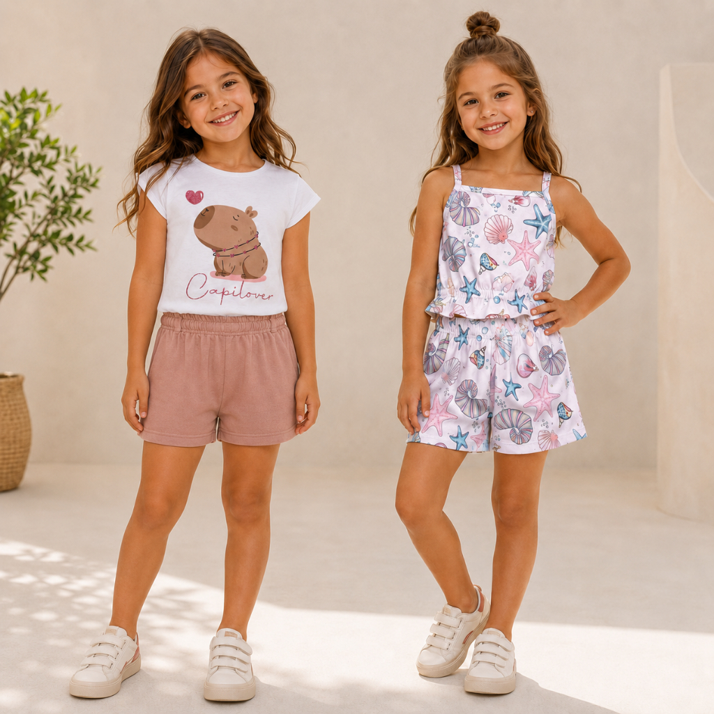 Kit 2 Conjuntos Verão Infantil Menina Blusa e Short Conforto Estampado