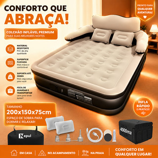 200x150x75cm Colchão Inflável Queen com Encosto e Bomba Elétrica Embutida 4000mah Nepul