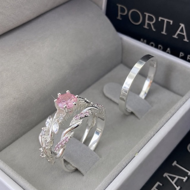 Alianças Trançadas + Solitário flor Rosa Prata 950