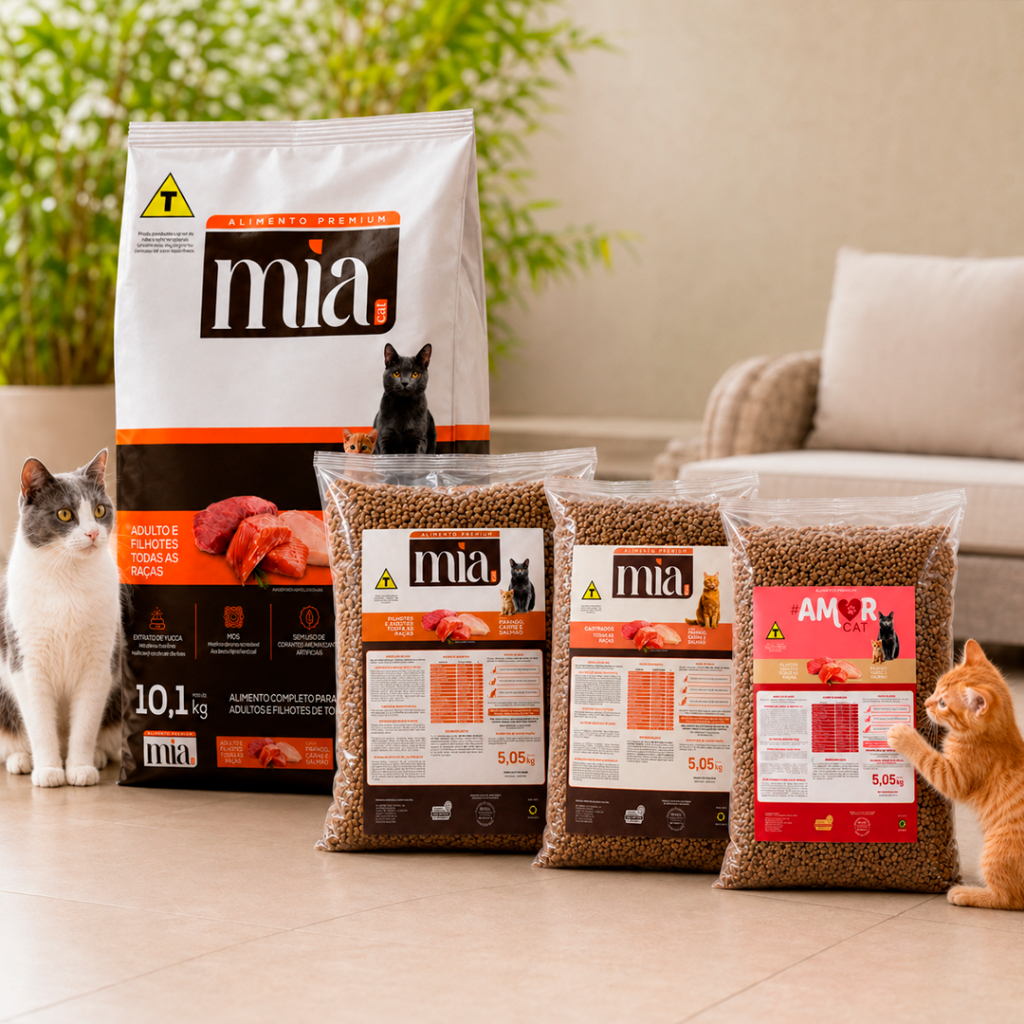 Ração Gato Filhote e Adulto 10kg Mia Cat Sabor Carne Salmão e Frango