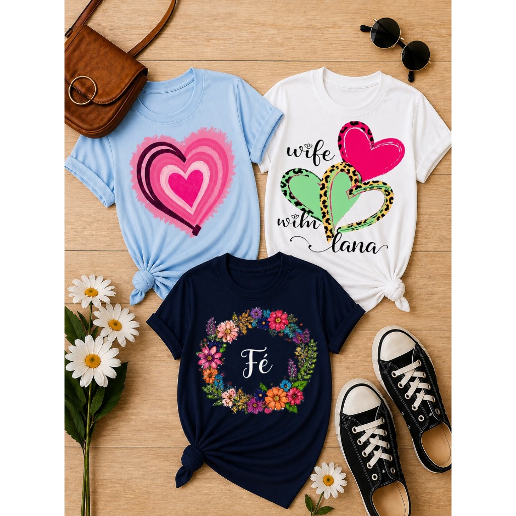 Kit 3 T-shirt Camisetas Variadas Estampada Moda Feminina 100% Algodão Premium Casual Confortável Estilosa Elegante