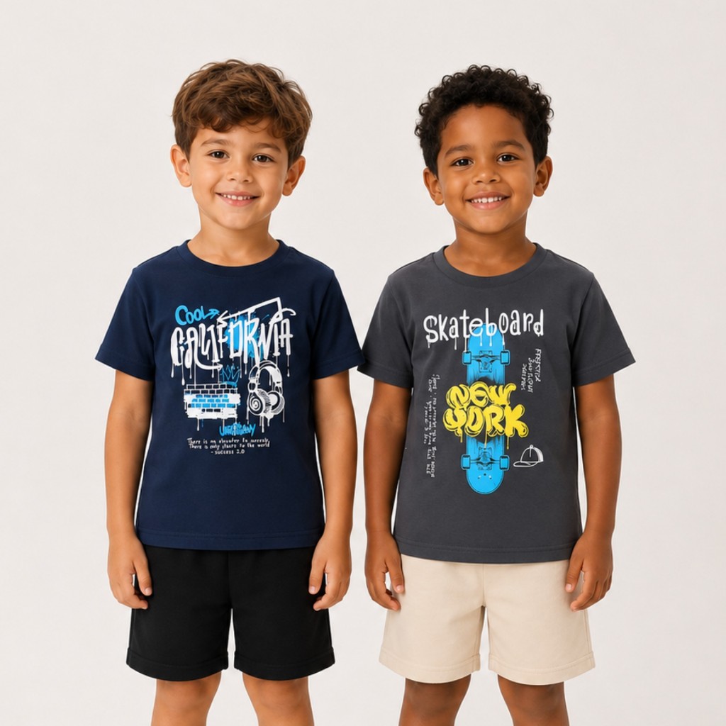 Kit 2 Conjuntos Infantil Masculino Verão Sortido Blusa + Bermuda Tam. 1 ao 8 Anos Roupa Infantil Menino