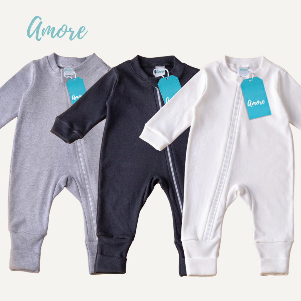 Kit 3 Macacão Bebê Amore Vira Pé com Zíper Minimalista Menino Menina Unissex RN 