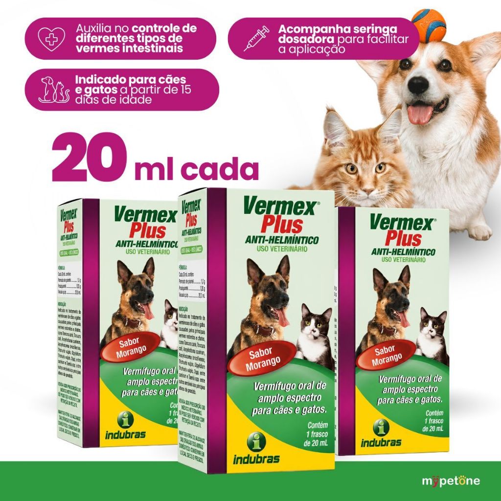 Kit 3 Vermífugo Vermex Plus 20 Ml Indubras Para Cães e Gatos
