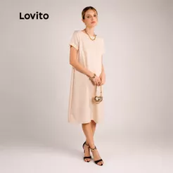 Lovito Vestido Feminino Elegante Mangas Curtas e Modelagem Ampla DRB21652195