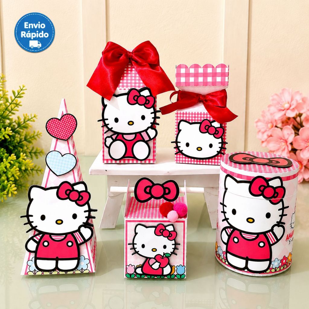 Kit Festa Hello Kitty Vermelha e Rosa Personalizado | Lembrancinhas Infantil | Caixas | Aniversário | Envio Rápido