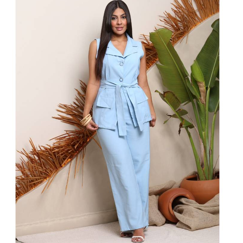 Conjunto Feminino Sensorial-Marrant Colete e Calça pantalona, Wide Leg Social com laço na cintura