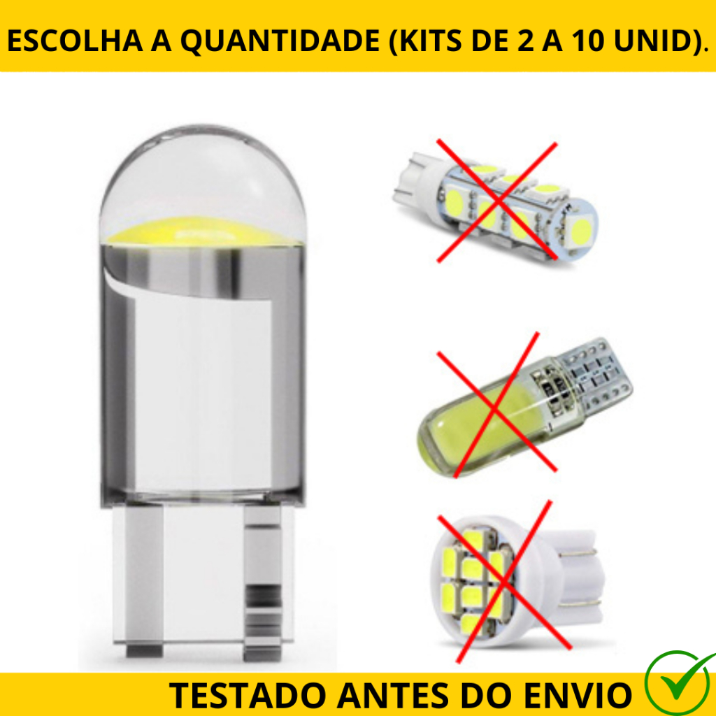 Lâmpada Led T10 Pingo COB W5W 6000k Super Branca Farolete Teto Placa Carro Moto 12V Kits 2, 4, 6, 10 Unidades