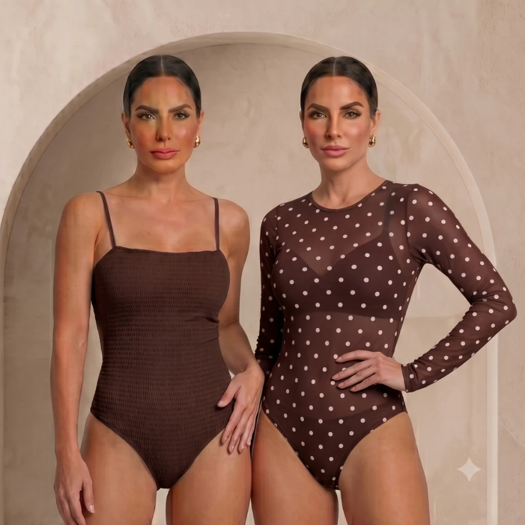 Kit 2 Bodys Feminino Bori Alcinha e body Tule Poa Bolinha Manga Longa Transparente Segunda Pele — imagem 1