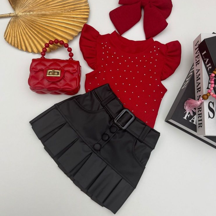 Conjunto Infantil Menina Saia Plissada Courino Blusa brilho Strass Estilosa Blogueirinha Festas e Passeios.