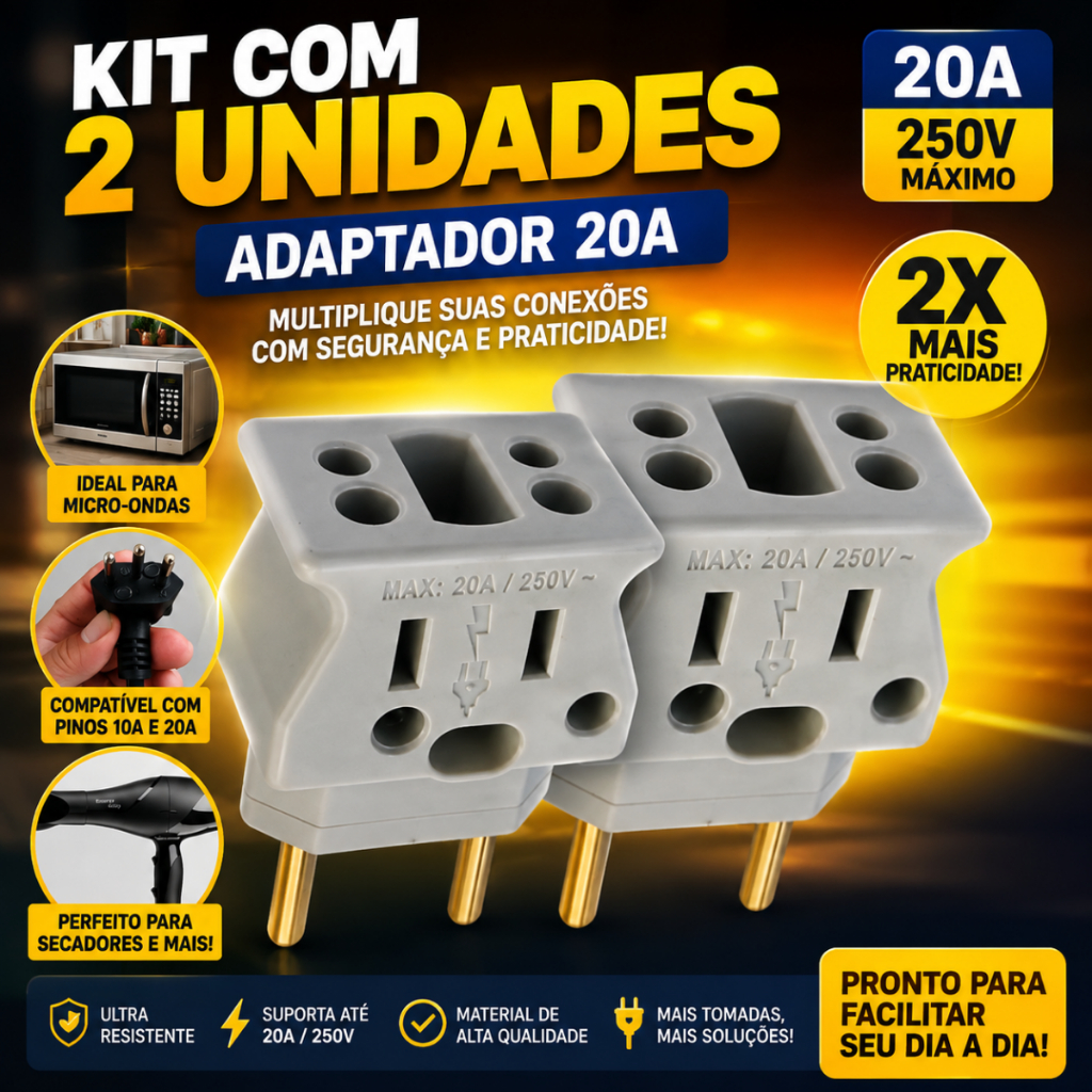 Kit com 2 Adaptadores 10A Macho x 20A Fêmea Tomada Padrão Brasileiro 250V Para Micro-ondas Forno Elétrico Secador