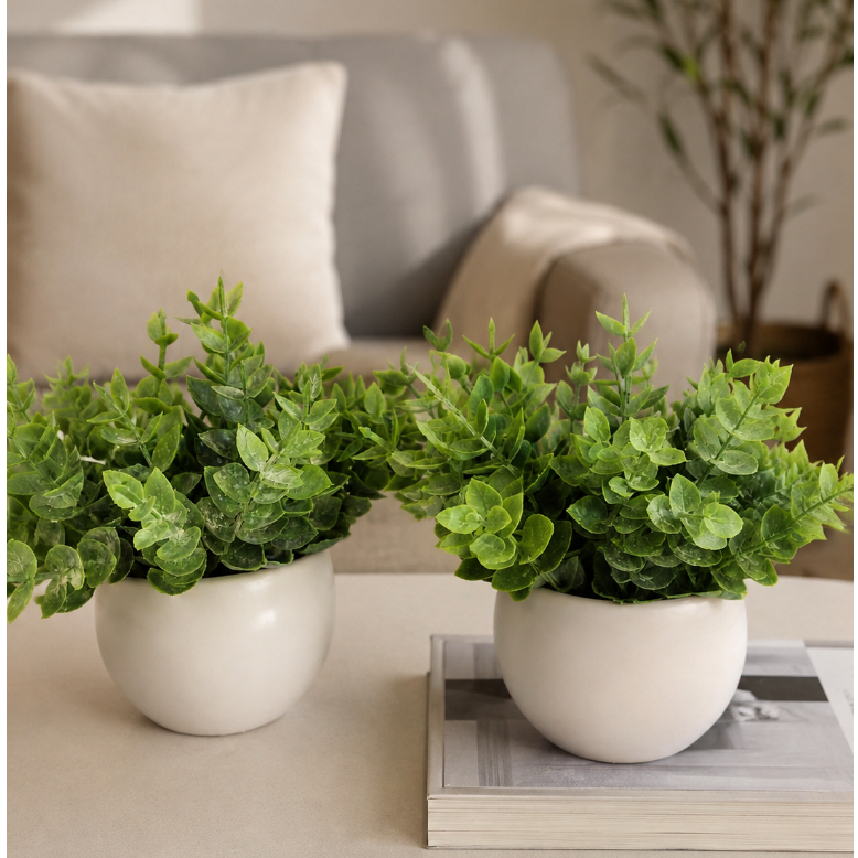 Kit 2 Vasos com Plantas Artificiais Decorativas Vaso Branco  Mini Arranjo para Sala Banheiro Escritório