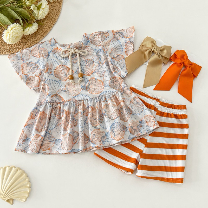 Conjunto Infantil Feminino Verão | Blusa Estampada com Short Canelado Listrado