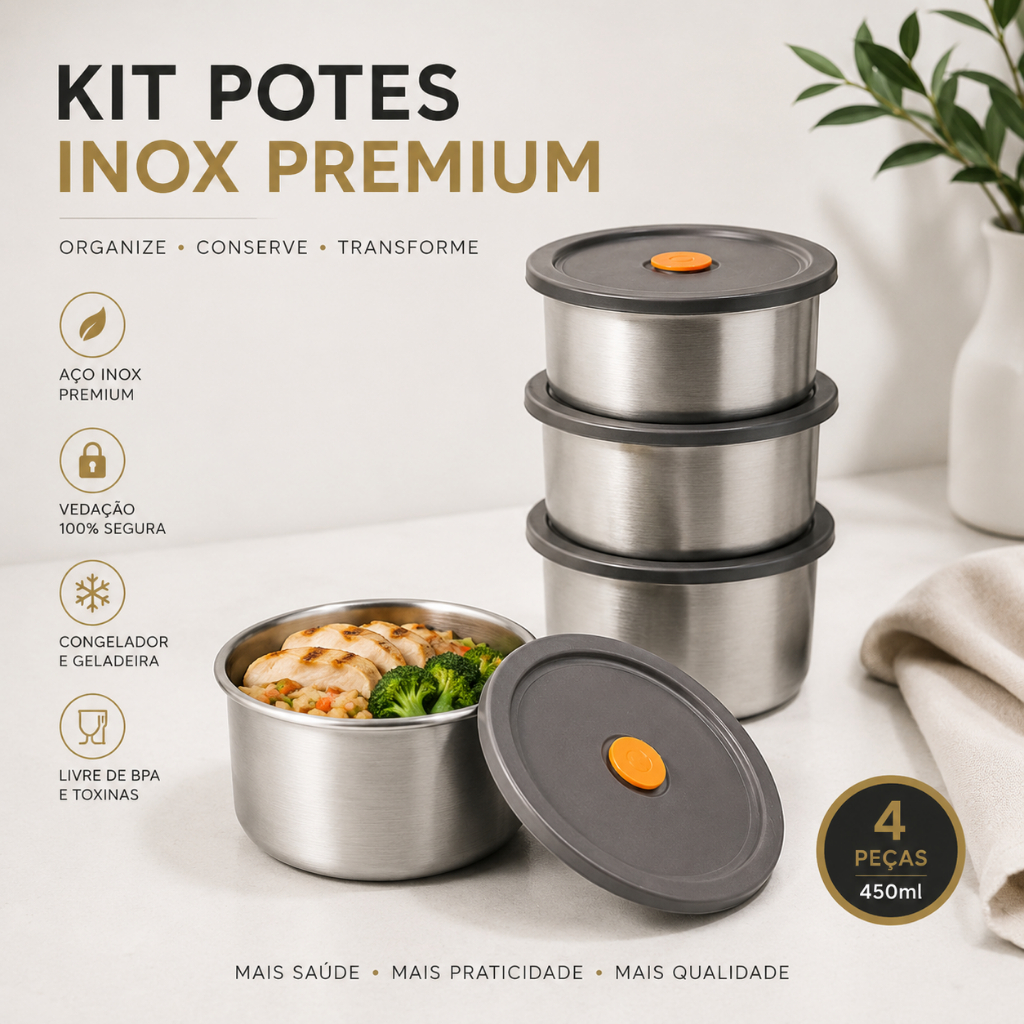 Kit 4 Potes Herméticos Inox 450ml Tampa Vedação Conservação Alimentos Marmita Organizador Geladeira