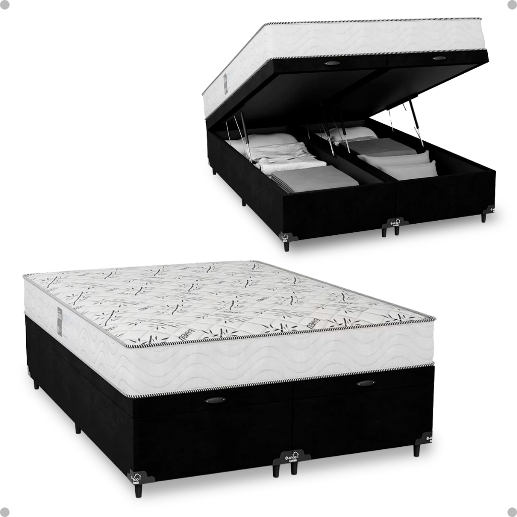 Baú Casal Bipartido Suede Preto + Colchão D33 One Face Branco- e-Shop Casa