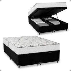 Baú Casal Bipartido Suede Preto + Colchão D33 One Face Branco- e-Shop Casa