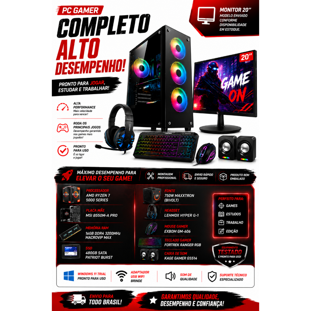 PC COMPLETO AMD RYZEN 5 5600GT B550M-A MSI FONTE 750W SSD 480GB MONITOR 20 - KIT GAMER: TECLADO, MOUSE E CAIXINHA DE SOM