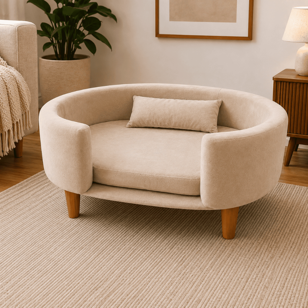 Cama Pet Luxo Tipo Poltrona Veludo Bege com Almofada Conforto Premium