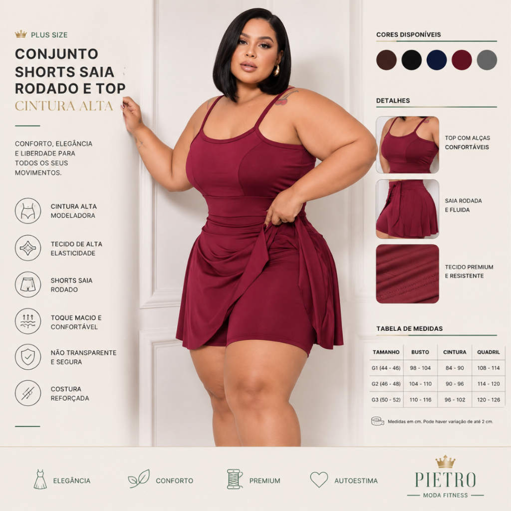 Conjunto Shorts Saia Rodado e Top Plus Size Cintura Alta Academia Fitness Zumba Dança Yoga Pilates