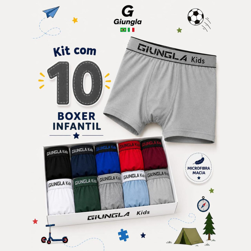 Kit 10 Cuecas Boxer Infantil para Meninos Microfibra Lisa Cueca Box Giungla Kids
