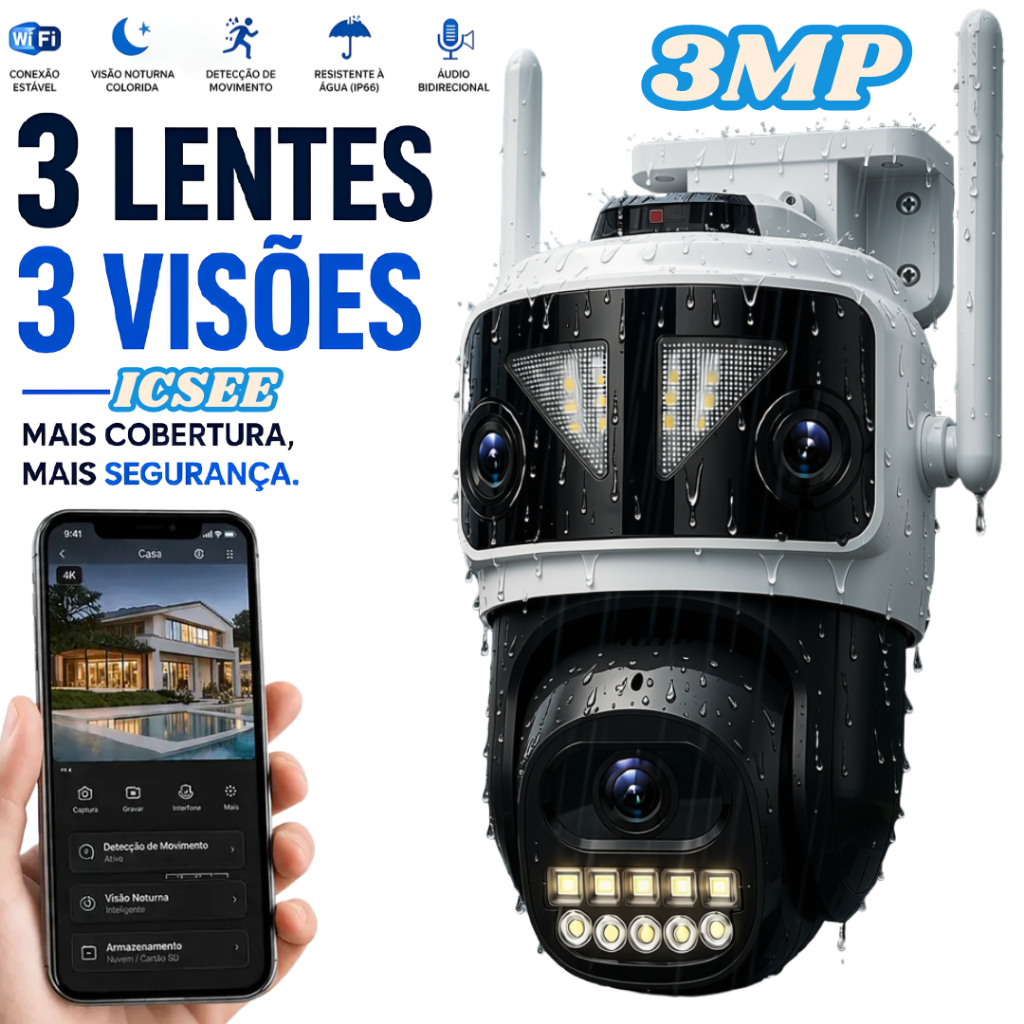 Camera De Seguranca Wifi Externa Lente Tripla 3MP ICSEE Visao Noturna Colorida Com Alarme Giro 350