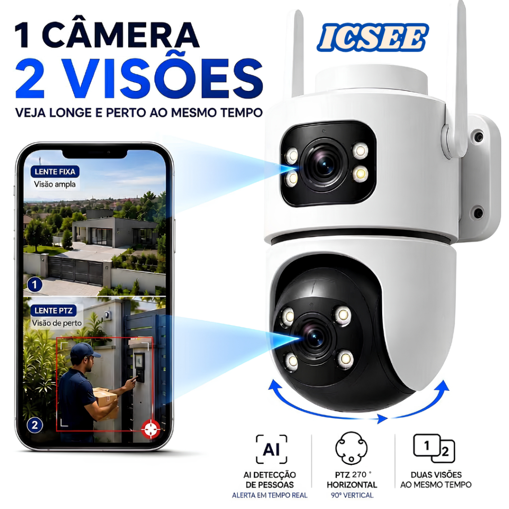 Câmera de Segurança WiFi Externa 2 Lentes PTZ 6MP ICSEE IP66 Rastreamento Inteligente Visão Noturna