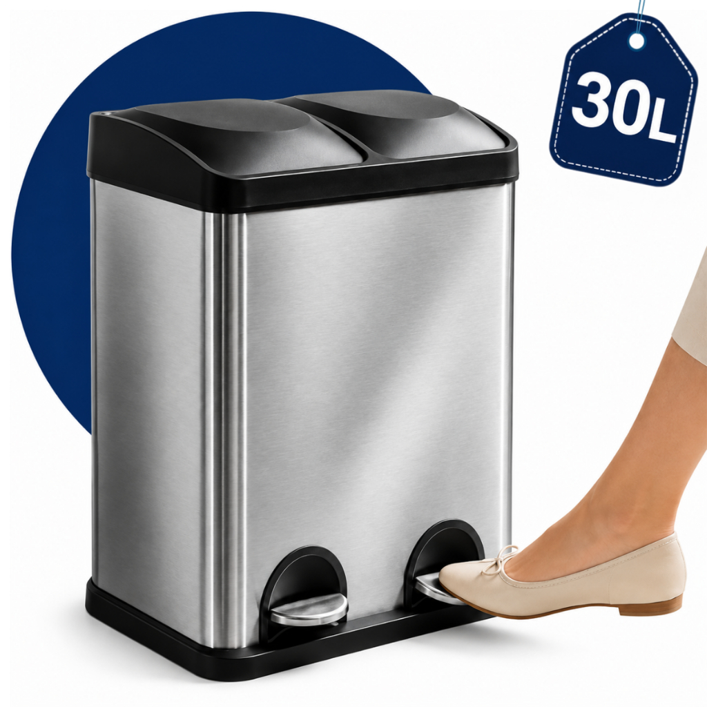Lixeira Dupla Inox 30L Com Pedal Seletiva Cozinha 2 Divisória Balde Removível Grande Individual Aço