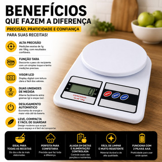 Balança Cozinha Digital Alta Precisão Capacidade 10kg Compacta Medidor Peso Alimentos