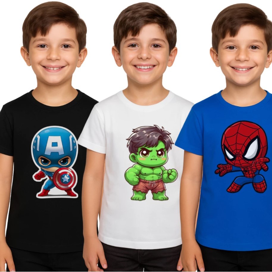 Kit 3 Sortido Camisetas Infantil 100% Algodão Básica Heróis Menino Menina Confortável Vários Tamanho