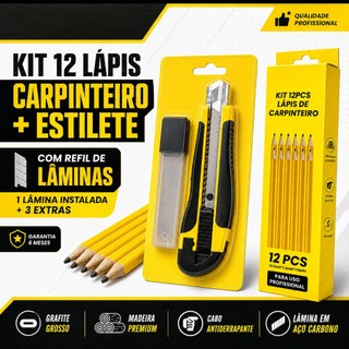 Kit 12 Lápis de Marceneiro + Estilete com Refil de Lâminas Profissional Madeira Carpinteiro Construção Marcação Pedreiro
