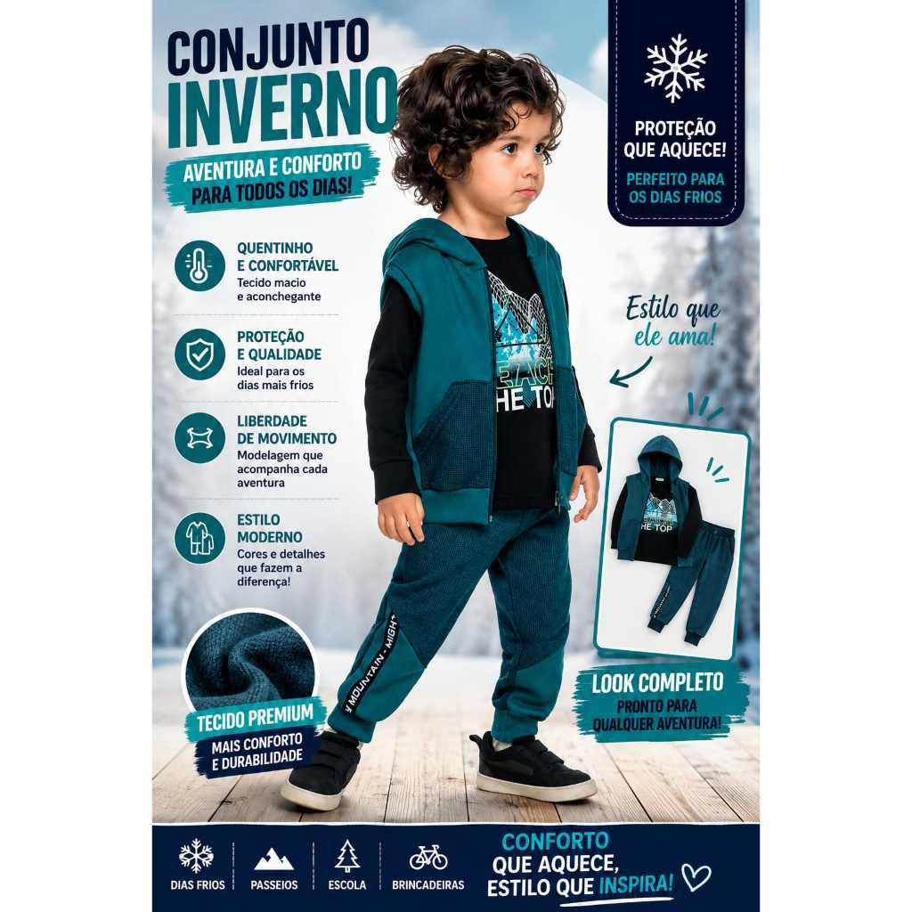 Conjunto Infantil inverno menino Elian - 3 peças Colete Moletom com capuz + Calça + camiseta manga comprida