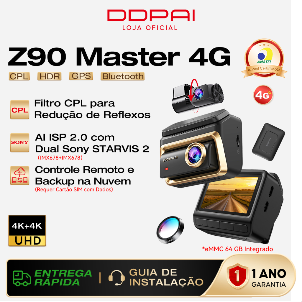 Câmera Veicular Monitoramento Remoto DDPAI Z90 Master 4G Dual 4K 3" Tela Visão Noturna eMMC 64GB STARVIS 2 WiFi GPS WiFi